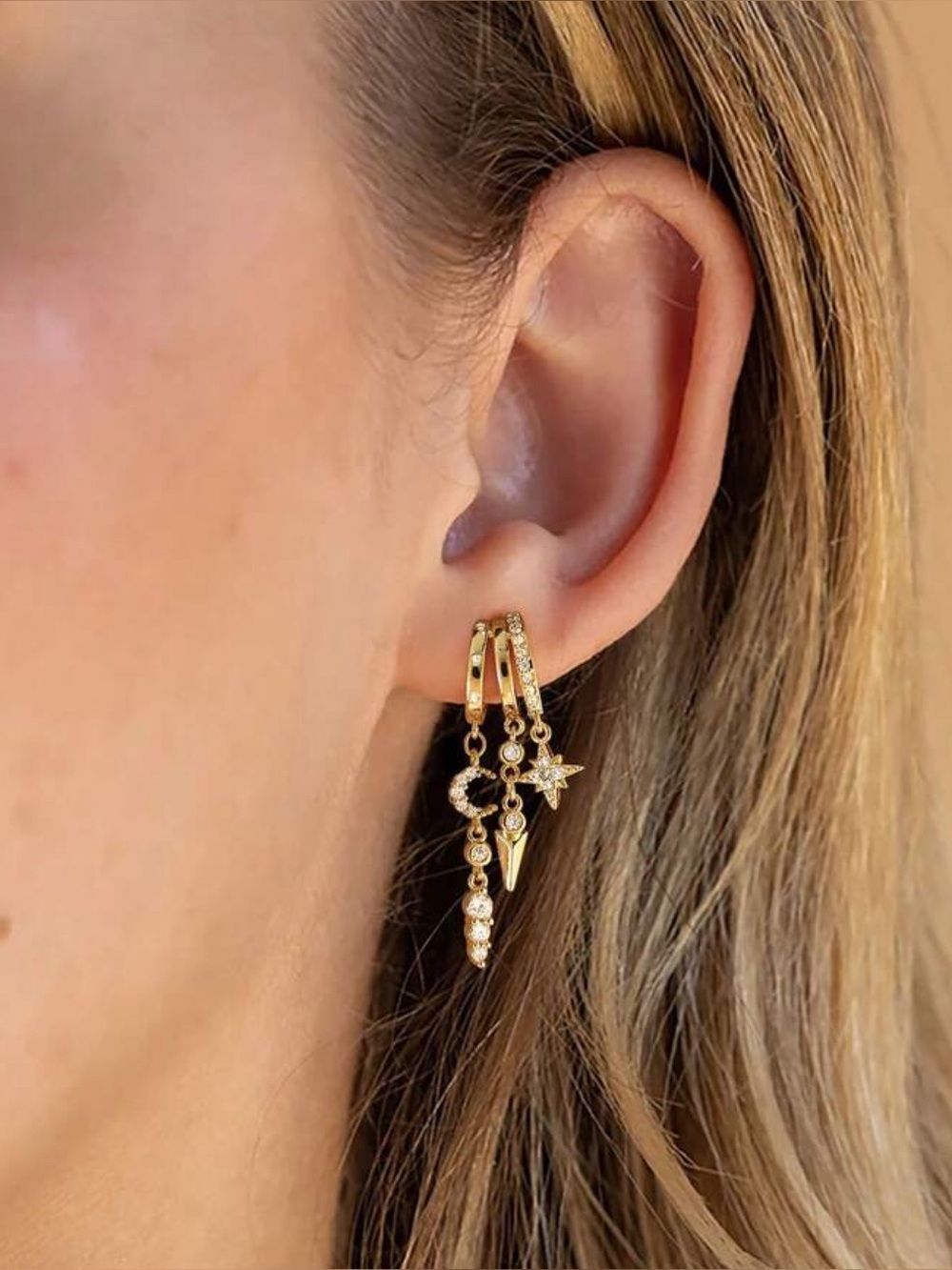 Gold Star & Moon Dangle Hoop Earring N1492